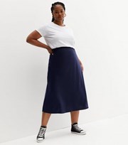 New Look Curves Indigo Satin Bias Cut Midi Skirt